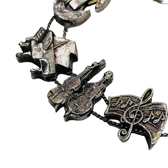 Vintage Music Theme Antiqued Gold Tone Slider Charm Bracelet - Picture 2 of 11